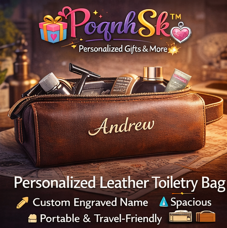 PoqnhSk™ Personalized Leather Toiletry Bag – Custom Travel Organizer, Waterproof Cosmetic Bag, Portable Grooming Kit