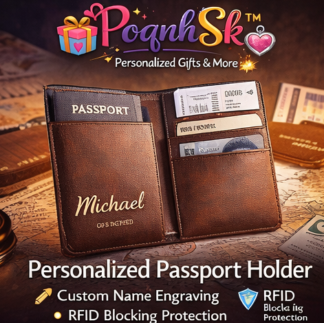 PoqnhSk™ Personalized Leather Passport Holder – Custom Name Travel Wallet, RFID Blocking Passport Cover, Minimalist Travel Gift