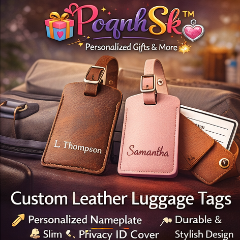 PoqnhSk™ Custom Leather Luggage Tag Set – Personalized Travel ID Tags, Durable Suitcase Labels, Stylish Travel Accessories